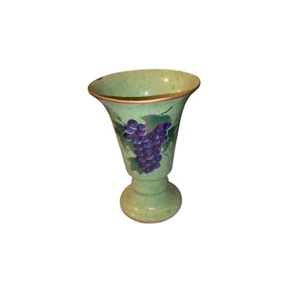Vintage Hand Painted Grape Motif Ceramic Pedestal Vase‎ Green Gold Rim 9 Inch